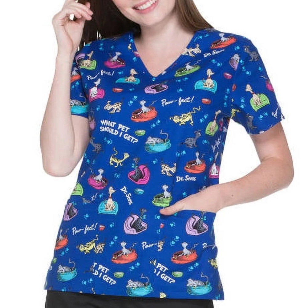 Dr. Seuss Nurse Uniform Short Sleeve Tee - Blue‎ and Pink V-Neck Size S